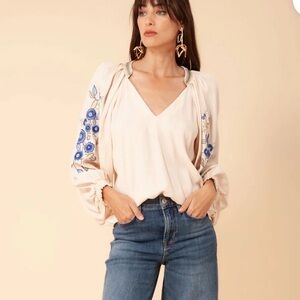 Hale Bob Embroidered Crepe Balloon Sleeve Blouse Large Ivory Blue Boho